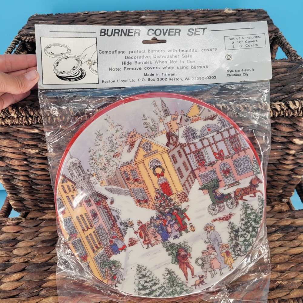 Vintage Reston Lloyd Christmas City Stove Burner Covers Set 4 NWT New Sealed Tin